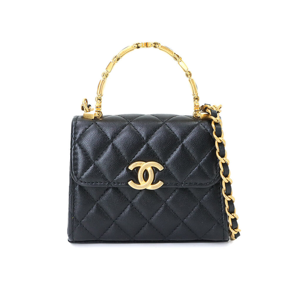 Chanel Matelasse Chain Clutch 2-way Hand/Shoulder Handbag, Lambskin, Black, A...